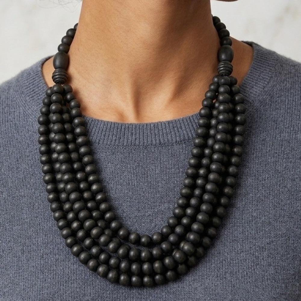 Multi-Strand‎ Black Wooden Bead Statement Necklace Textured Natural Boho